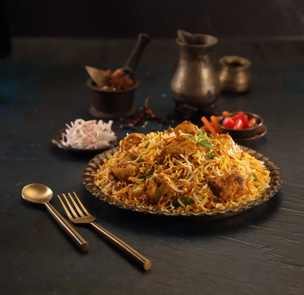 Boneless Chicken Biryani — boneless chicken pieces with overnight marinade and aged basmati