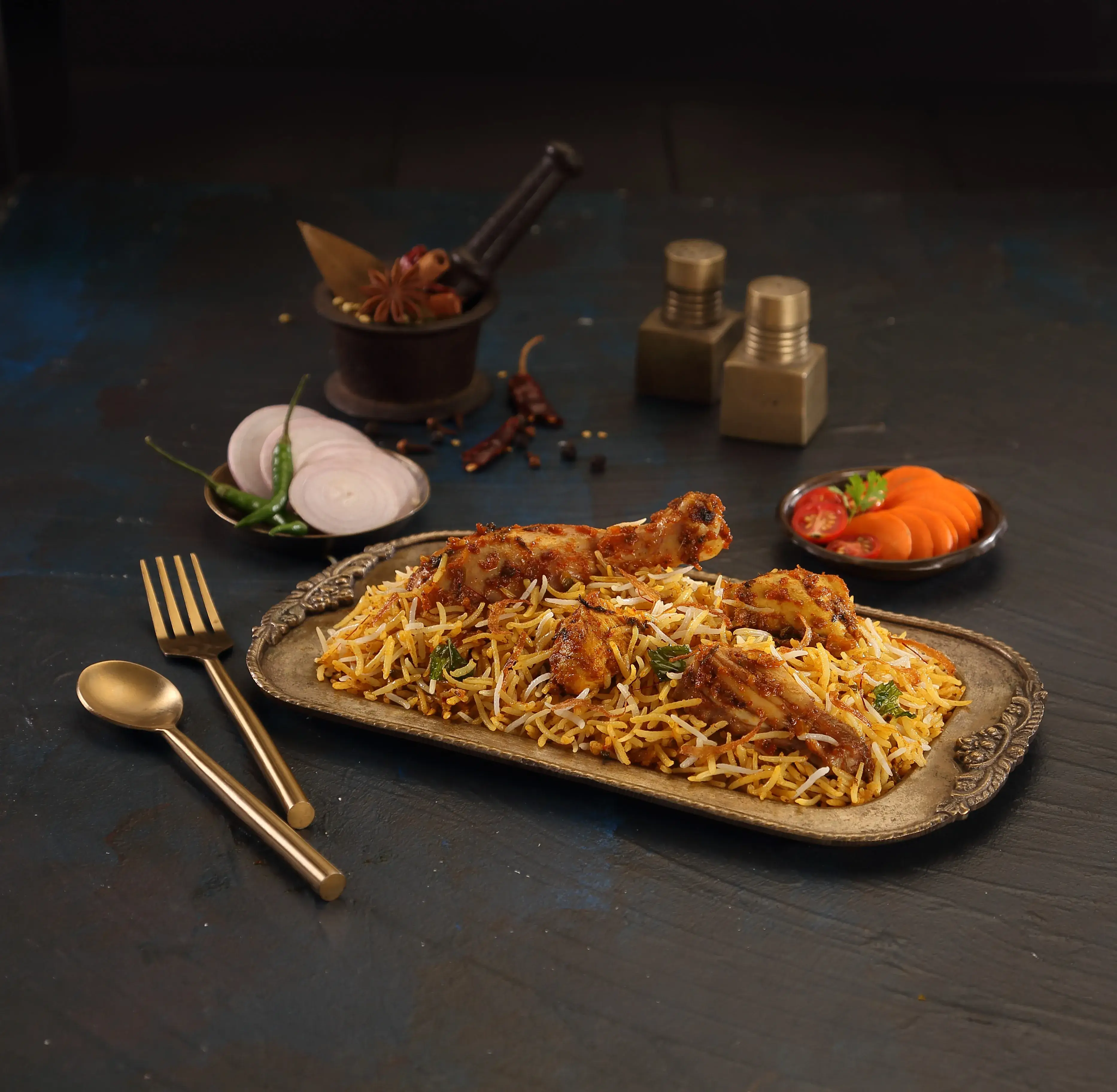 Chicken Biryani — overnight marinated, dum-cooked with 2-year aged basmati rice, served with raita