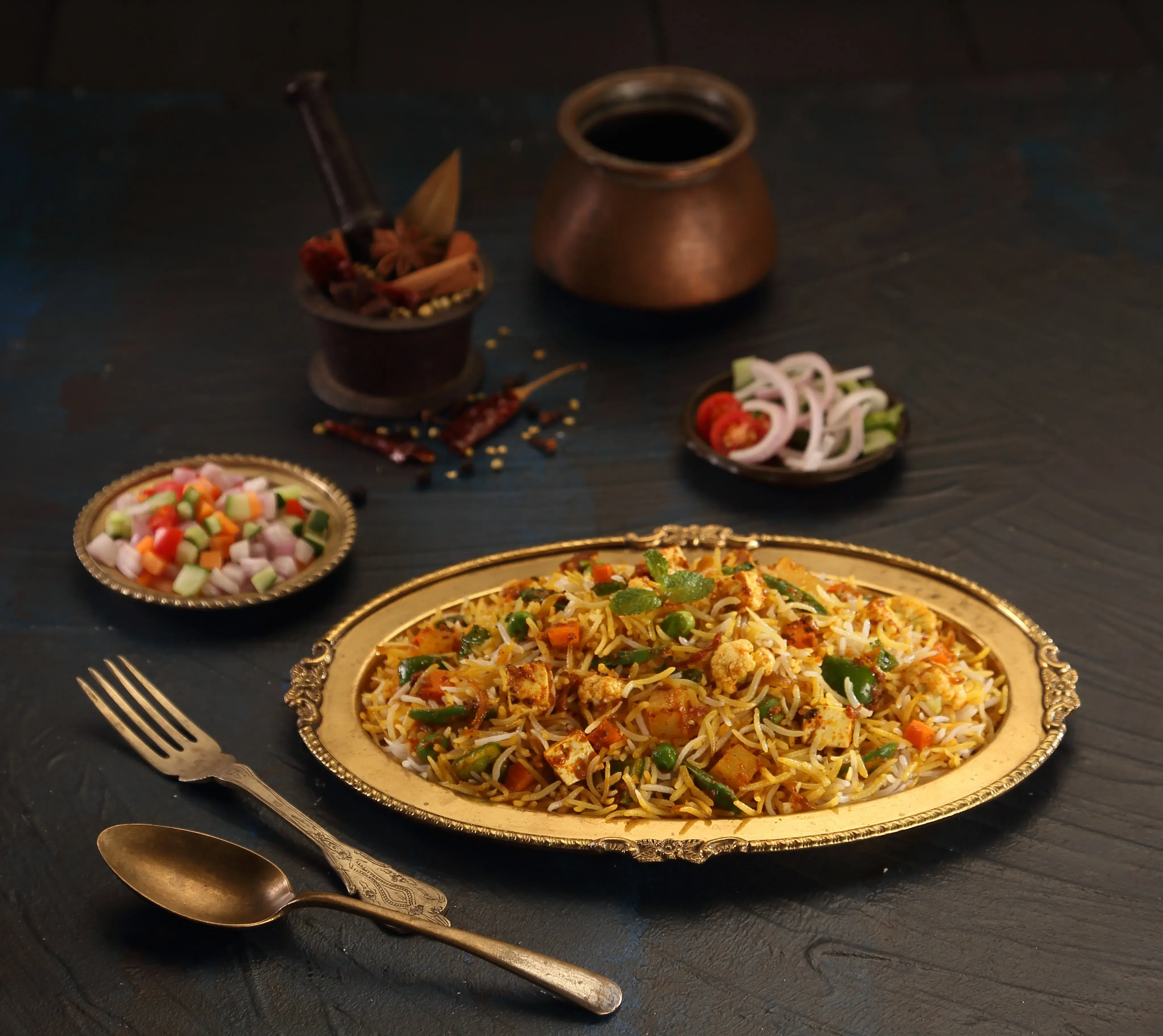 Veg Biryani — seasonal vegetables dum-cooked with 2-year aged basmati rice