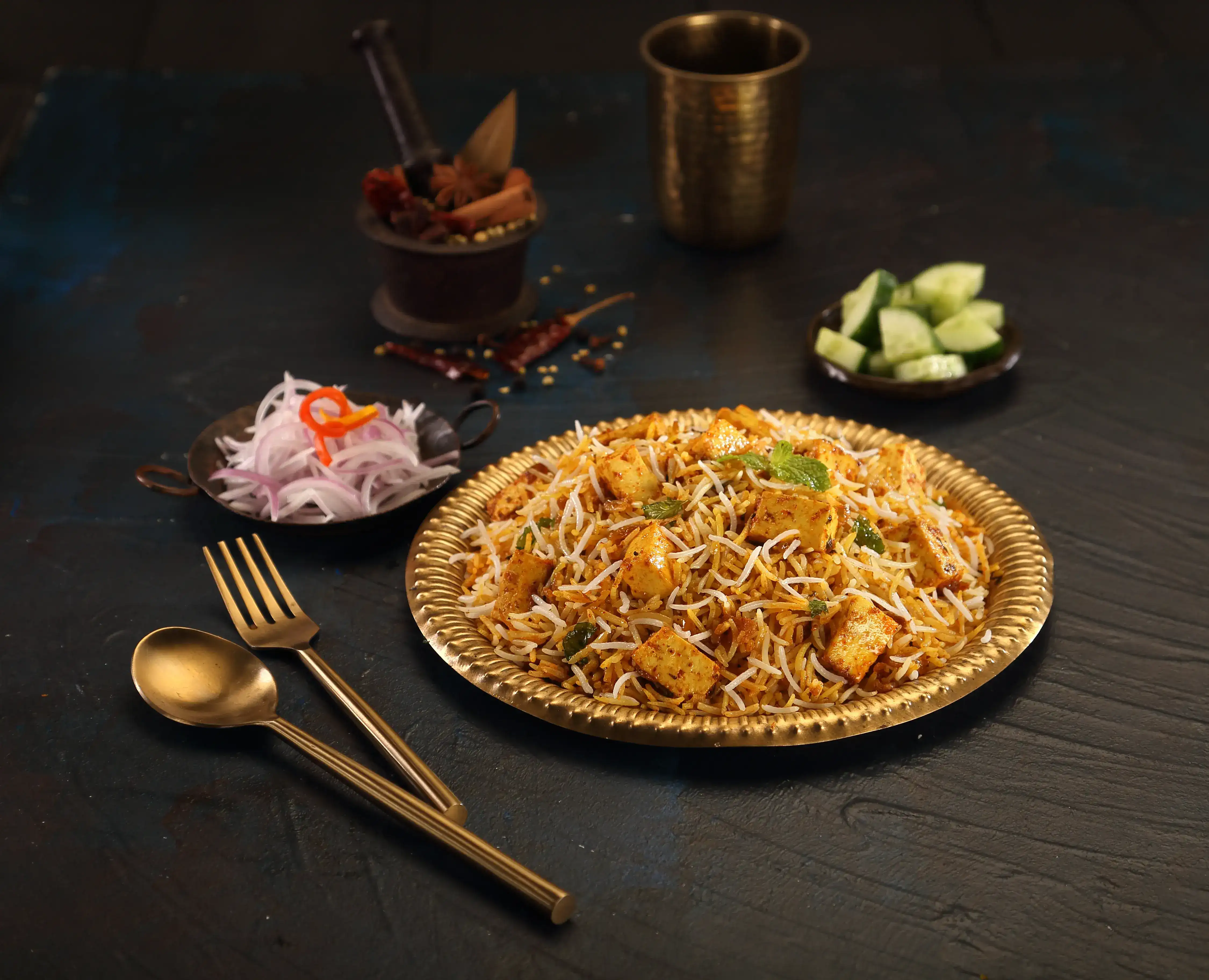 Paneer Biryani — fresh paneer layered with fragrant basmati rice and spices